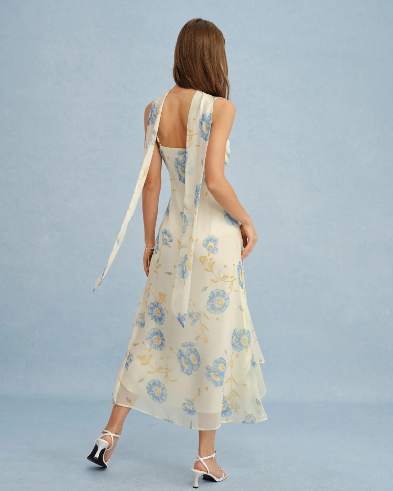 Evelyn Women's Beige Maxi Dress – Chiffon-Look Fabric, Tie Detail & Flowy Fit