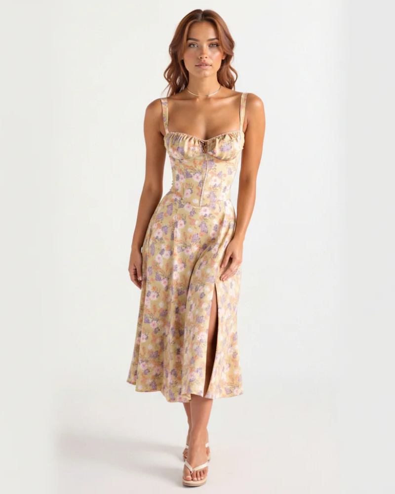 Margot Women's Floral Bustier Midi Dress – Sweetheart Neckline with Front Slit