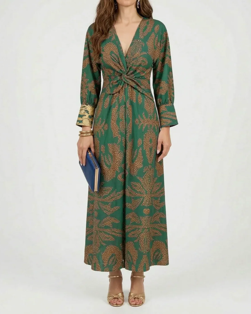 Jocelyn Women's A-Line Maxi Dress – Botanical Print, Deep V-Neck & Draped Waist