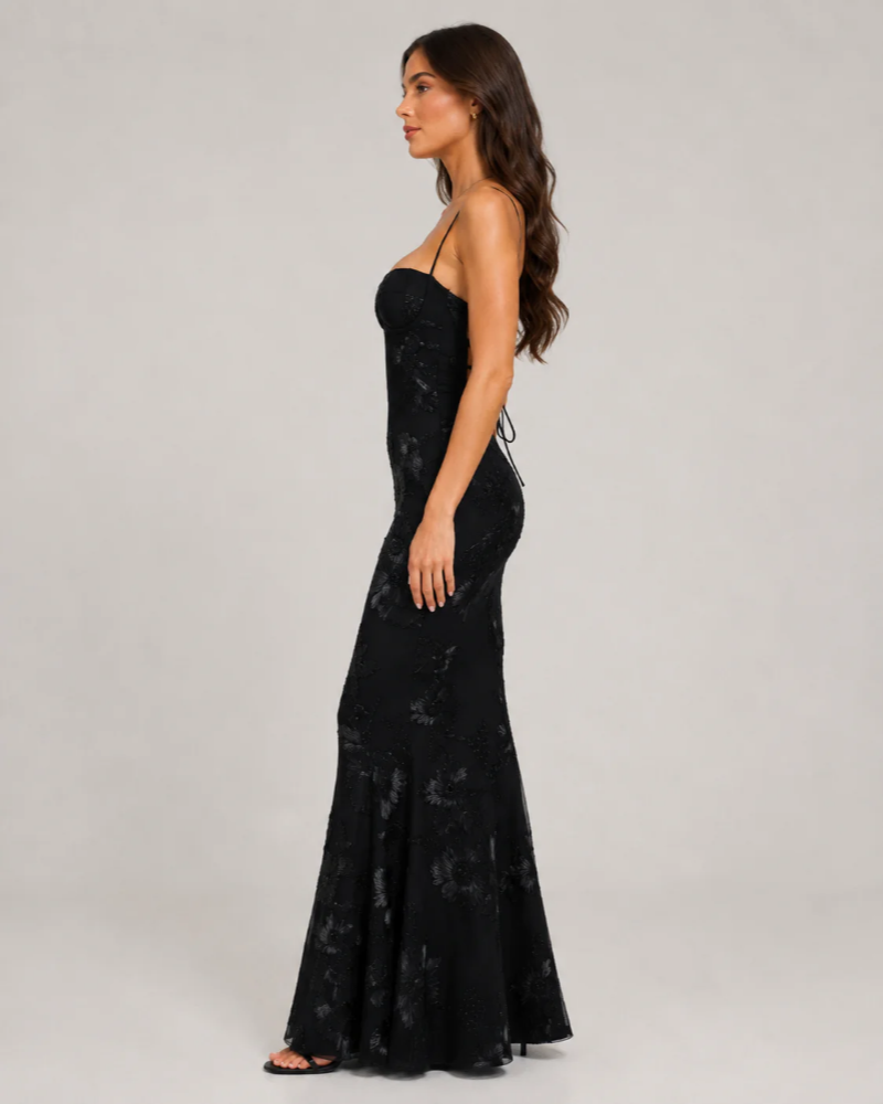 Roselyn Women's Glitter Maxi Dress – Floral Texture Lace-Up Open Back Gown