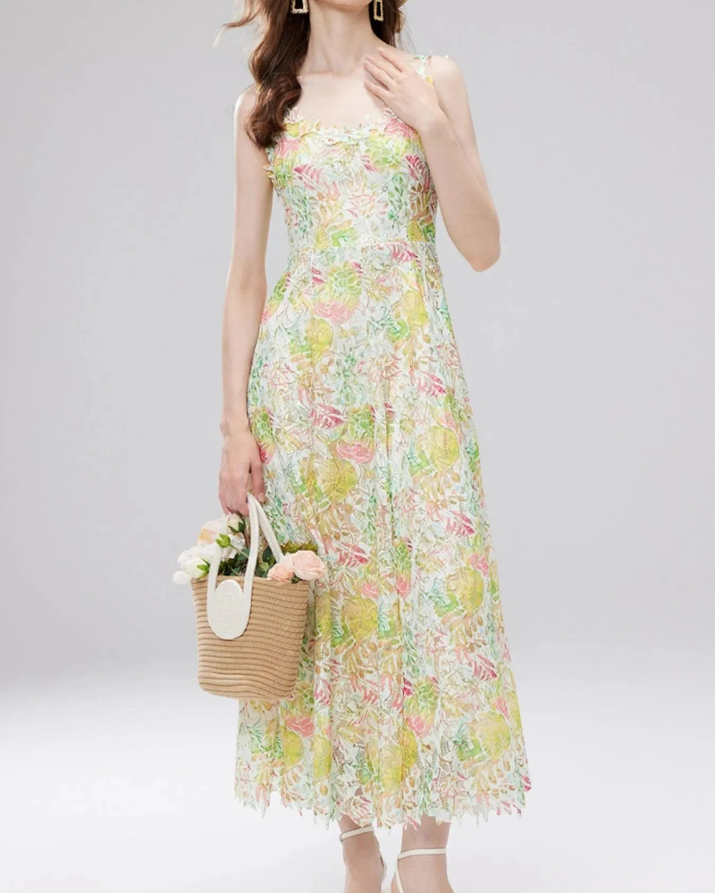 Camille Women's Midi Dress – Sleeveless V-Neck Floral Lace Dress with Lined Fit