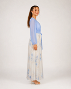 Tabitha Women's Floral Maxi Dress – V-Neck with Sheer Sleeves & Ruched Bodice