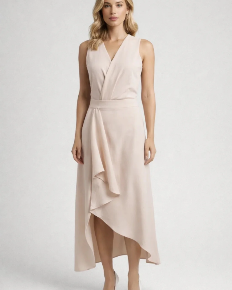 Adeline Women's Wrap Midi Dress – Sleeveless Asymmetrical Hem with Defined Waist
