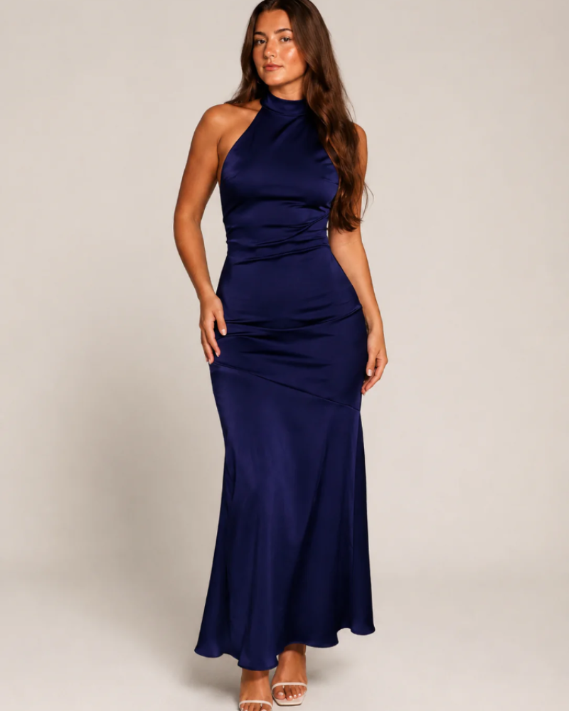 Natalie Women's Halter Maxi Dress – Open Back Satin-Look Evening Gown