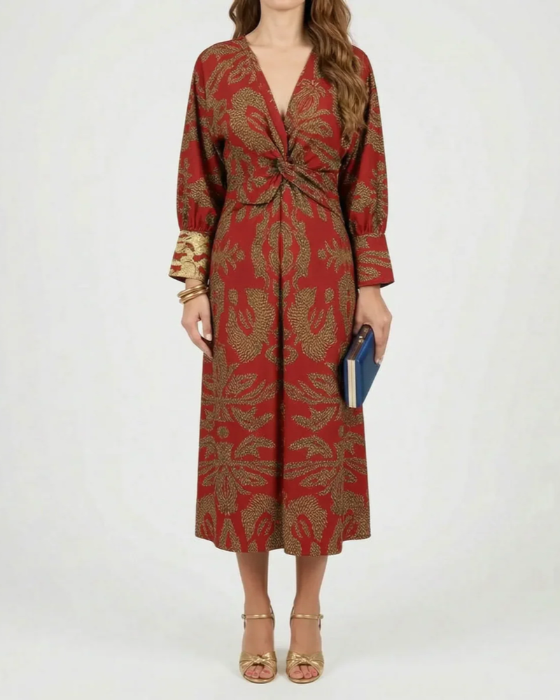 Jocelyn Women's A-Line Maxi Dress – Botanical Print, Deep V-Neck & Draped Waist