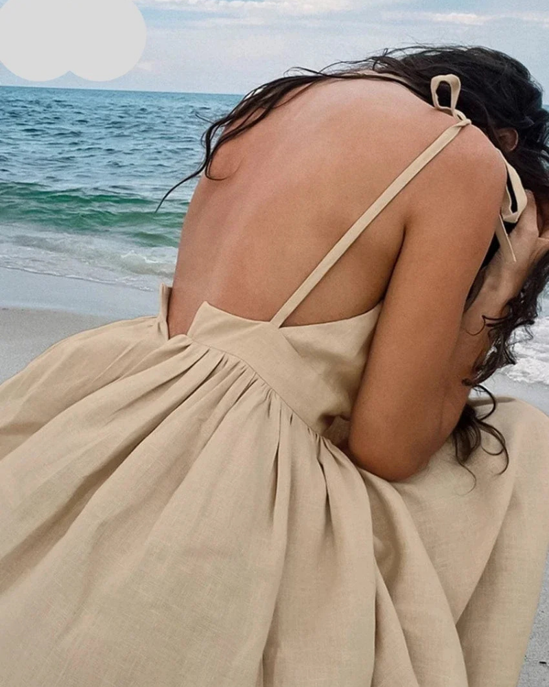 Greer Women's Linen Midi Dress – Beige Spaghetti Strap Ibiza Summer Style