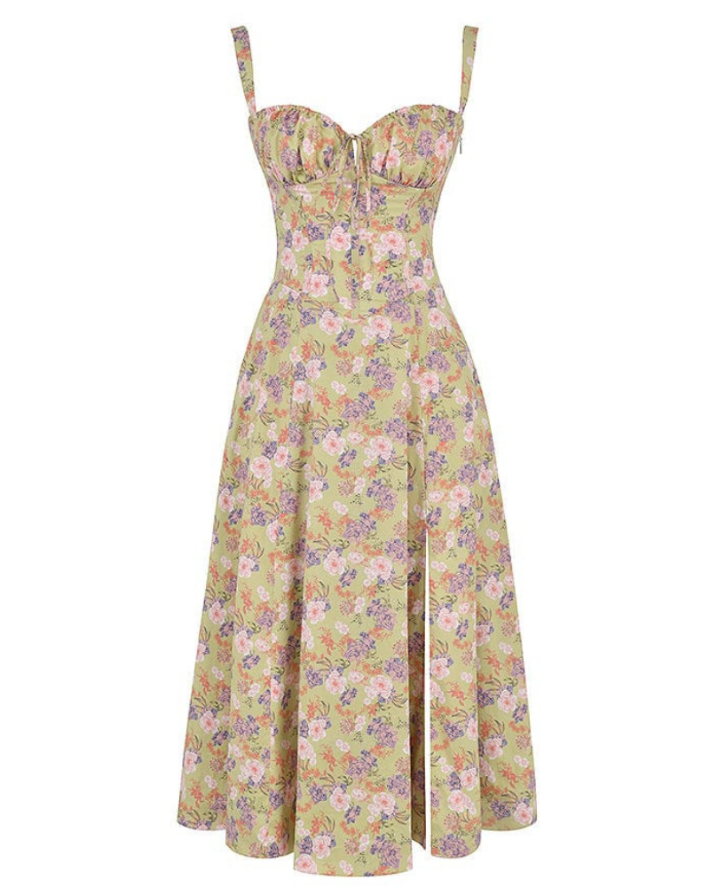 Adeline Women's Floral Bustier Midi Dress – Corset Back, Side Slit & Pockets