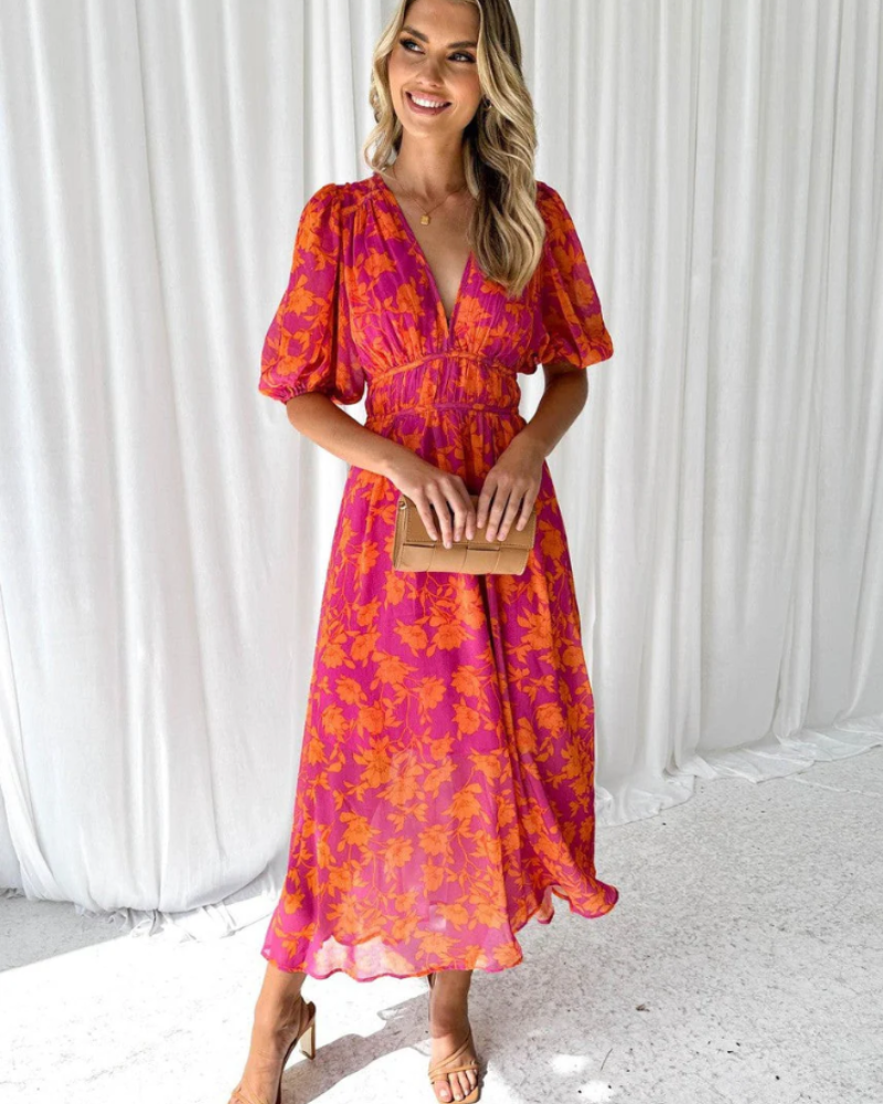 Genevieve Women's Floral Maxi Dress – Deep V-Neck, Defined Waist & Flowy Skirt