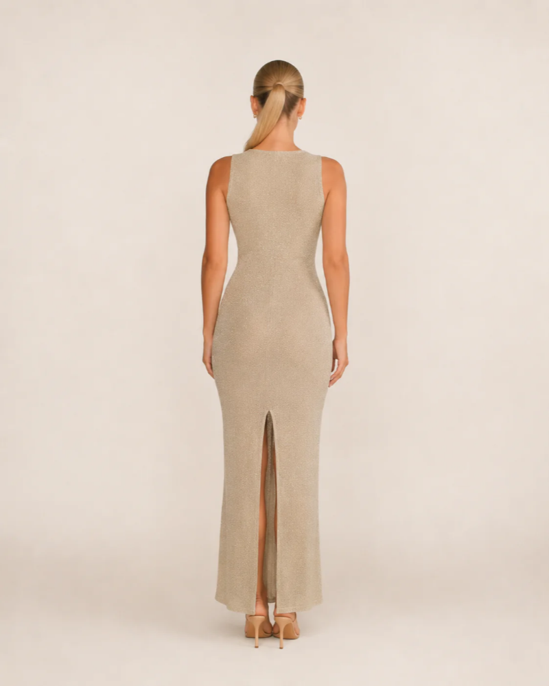 Genevieve Women's Satin Maxi Dress – Open Back Side Cutout Evening Gown