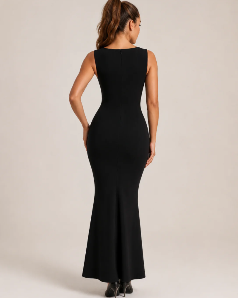 Naomi Women's Stretch Maxi Dress – Ruched Neckline & Flared Formal Silhouette