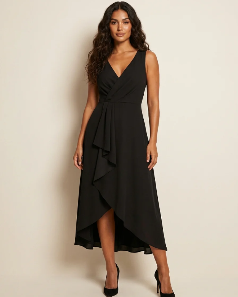 Charlotte Women's Midi Dress – Wrap V-Neck, Waterfall Hem & Elegant Occasion Dress