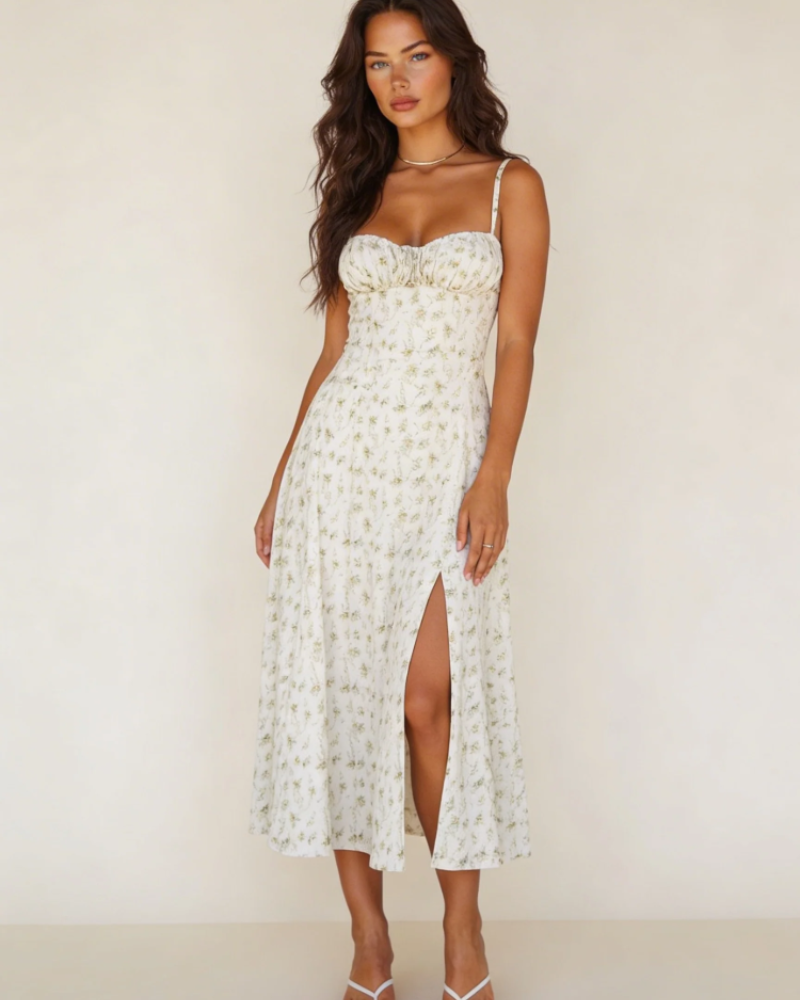 Margot Women's Floral Bustier Midi Dress – Sweetheart Neckline with Front Slit