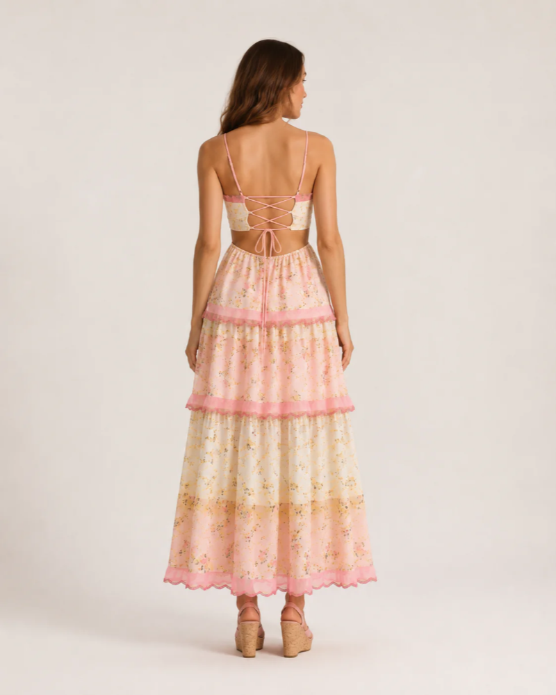 Marlowe Women's Floral Maxi Dress – Pink Lace Cutout Tiered Summer Gown