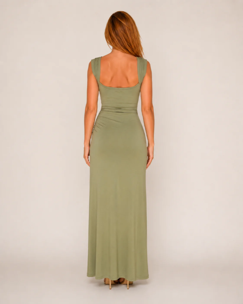 Penelope Women's Maxi Dress – Light Green Ruched Design with High Thigh Slit