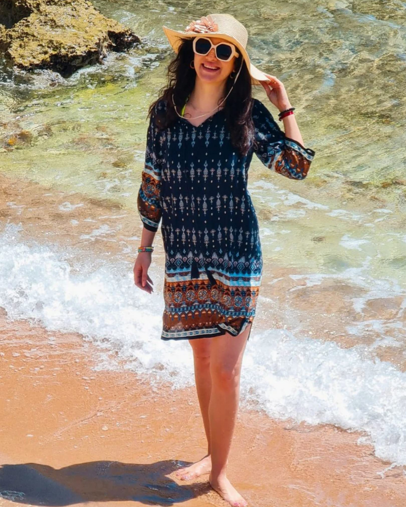 Aria Women’s Boho Tunic Dress – Floral V-Neck Beach Dress with Tassel Detail