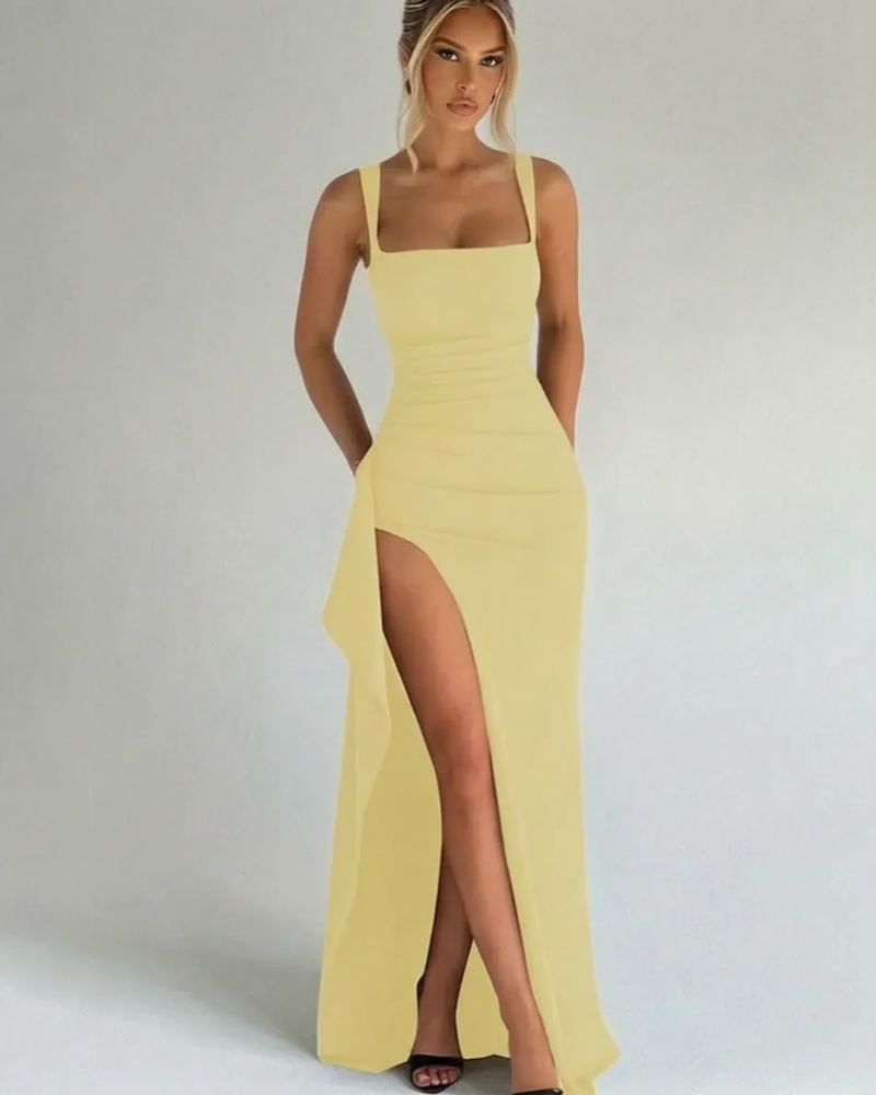 Alexandra Women's Maxi Dress – Square Neck, High Slit & Pleated Waist