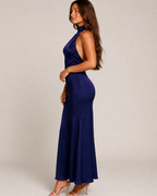 Natalie Women's Halter Maxi Dress – Open Back Satin-Look Evening Gown