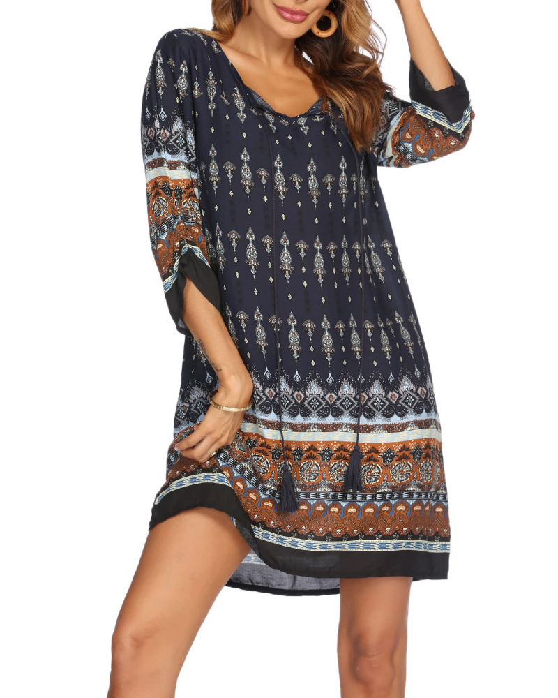 Aria Women’s Boho Tunic Dress – Floral V-Neck Beach Dress with Tassel Detail