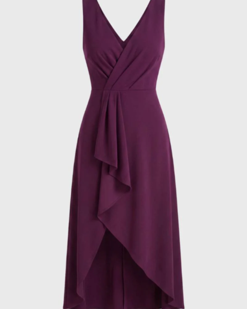 Charlotte Women's Midi Dress – Wrap V-Neck, Waterfall Hem & Elegant Occasion Dress