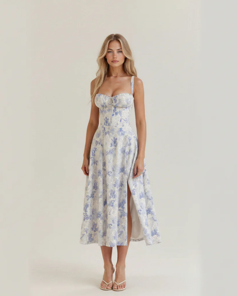 Margot Women's Floral Bustier Midi Dress – Sweetheart Neckline with Front Slit