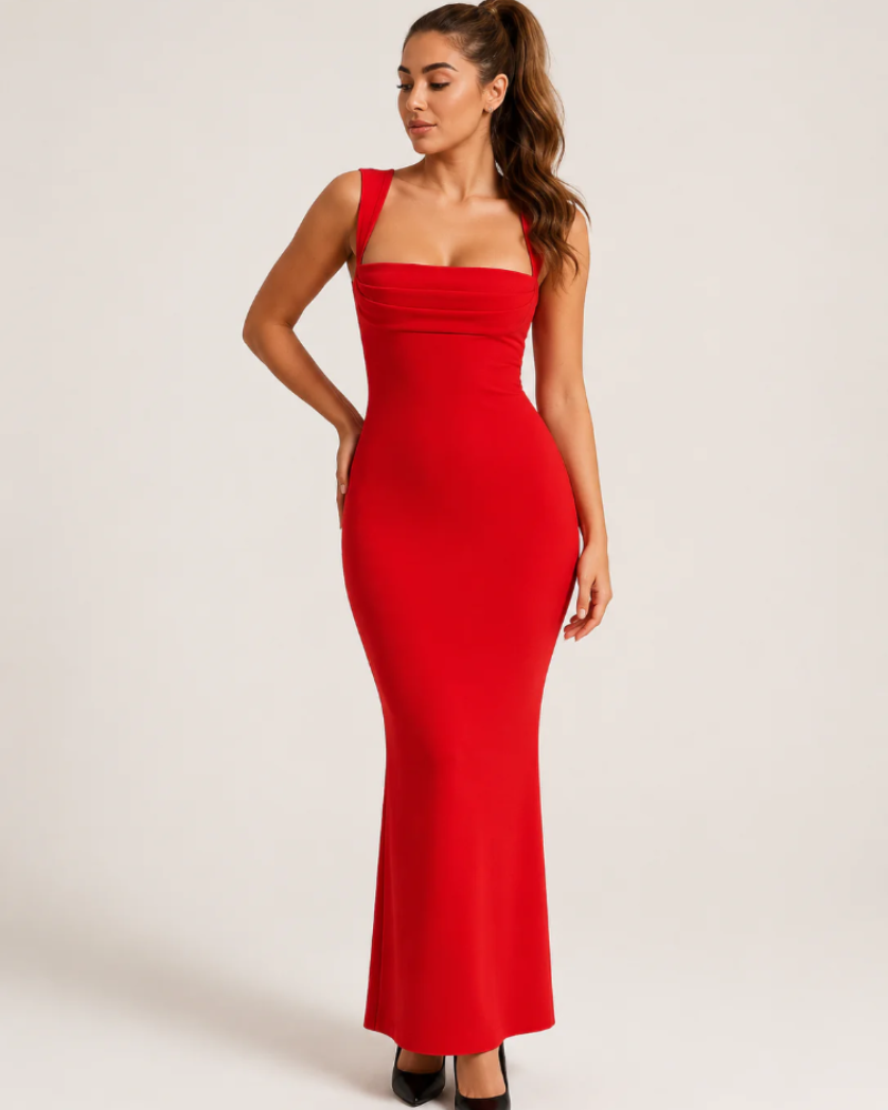 Naomi Women's Stretch Maxi Dress – Ruched Neckline & Flared Formal Silhouette