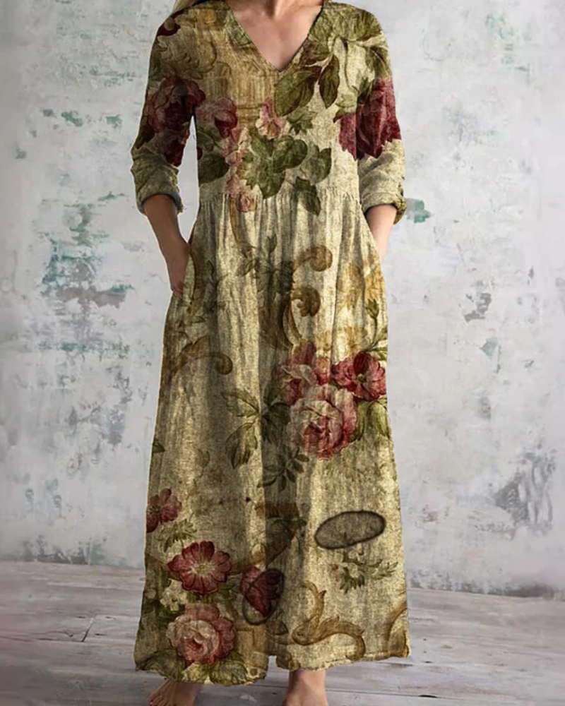 Willow Women's Floral Maxi Dress – V-Neck Flowy Summer Dress with Pockets
