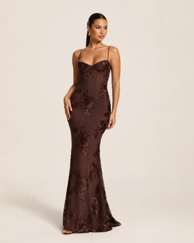 Roselyn Women's Glitter Maxi Dress – Floral Texture Lace-Up Open Back Gown