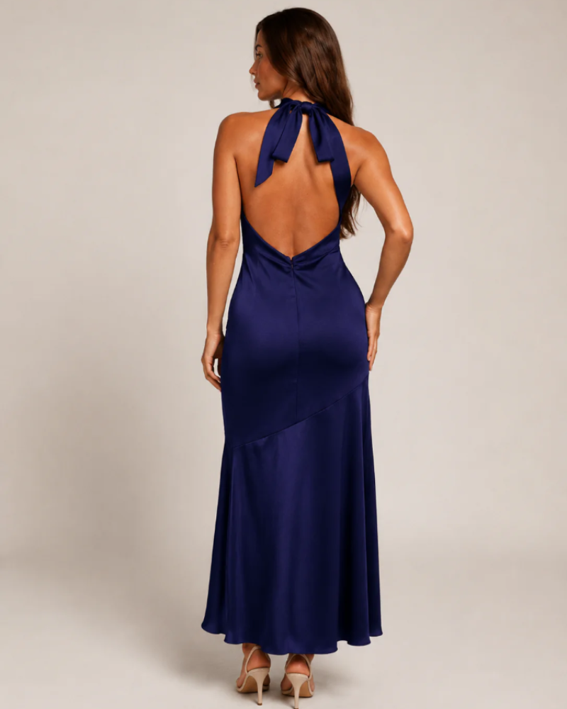 Natalie Women's Halter Maxi Dress – Open Back Satin-Look Evening Gown