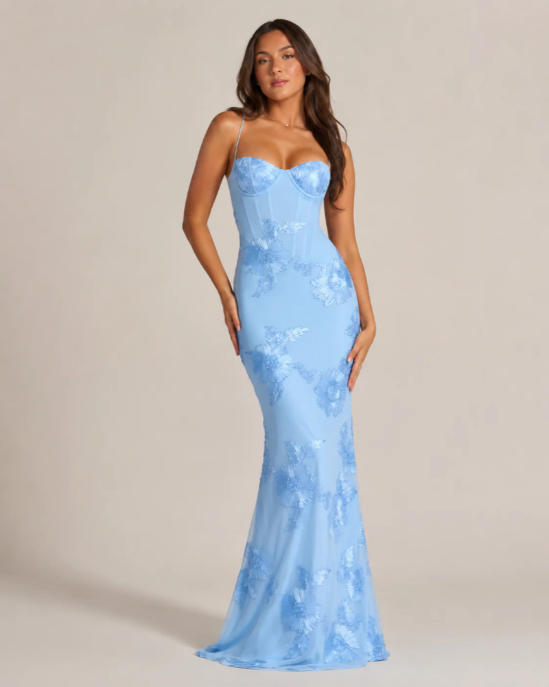 Roselyn Women's Glitter Maxi Dress – Floral Texture Lace-Up Open Back Gown