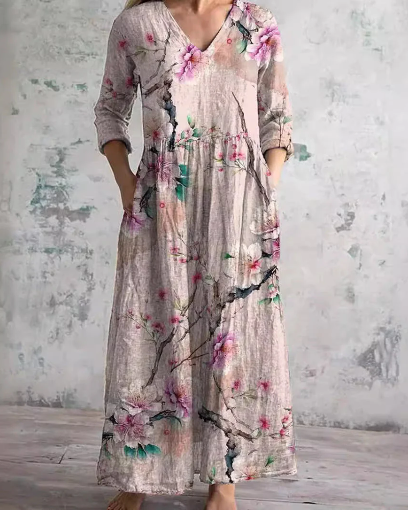 Willow Women's Floral Maxi Dress – V-Neck Flowy Summer Dress with Pockets