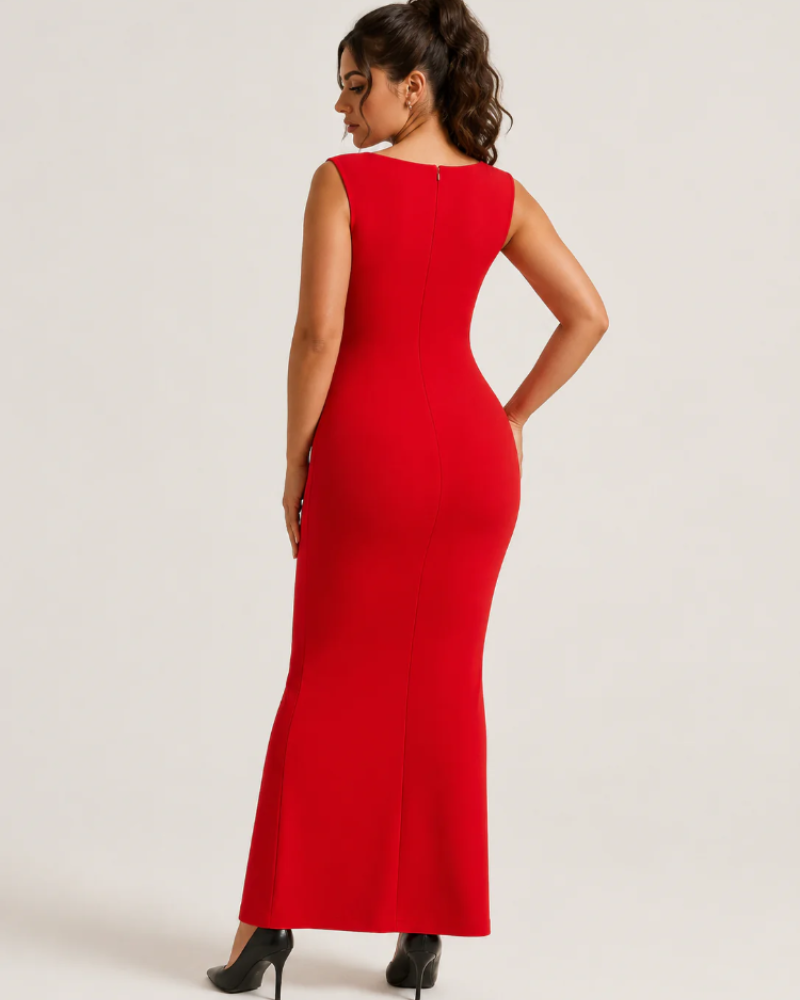 Naomi Women's Stretch Maxi Dress – Ruched Neckline & Flared Formal Silhouette