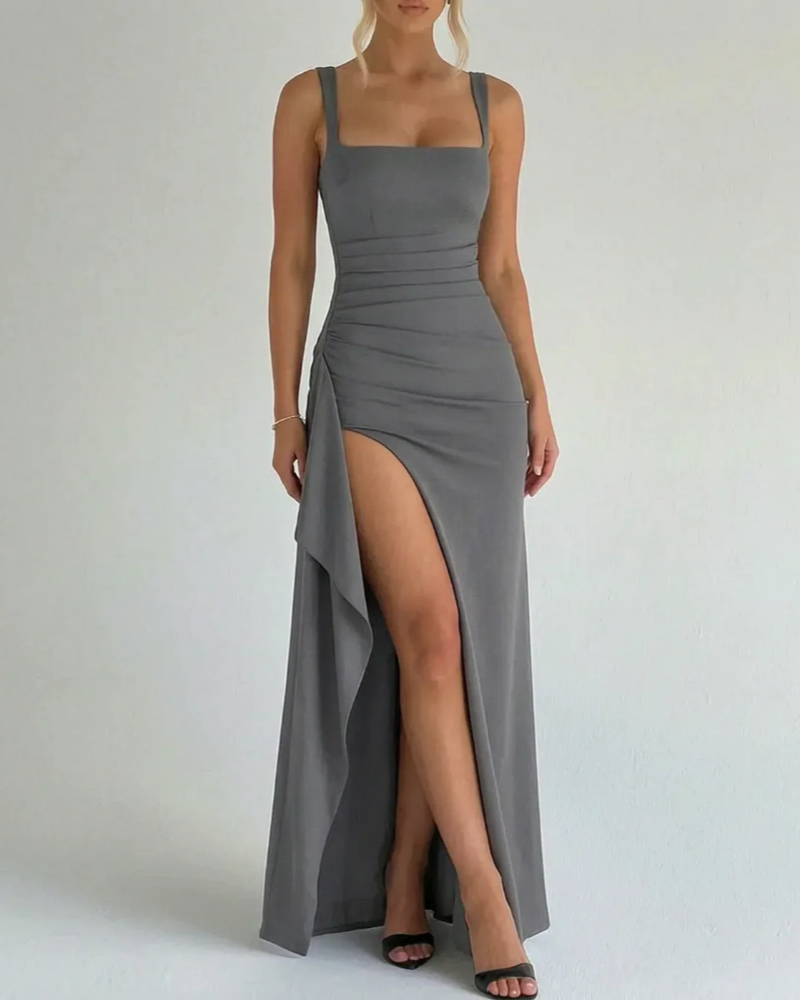 Alexandra Women's Maxi Dress – Square Neck, High Slit & Pleated Waist
