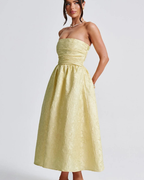 Audrey Women's Midi Dress – Strapless Floral Jacquard Corset Dress with Lace-Up Back