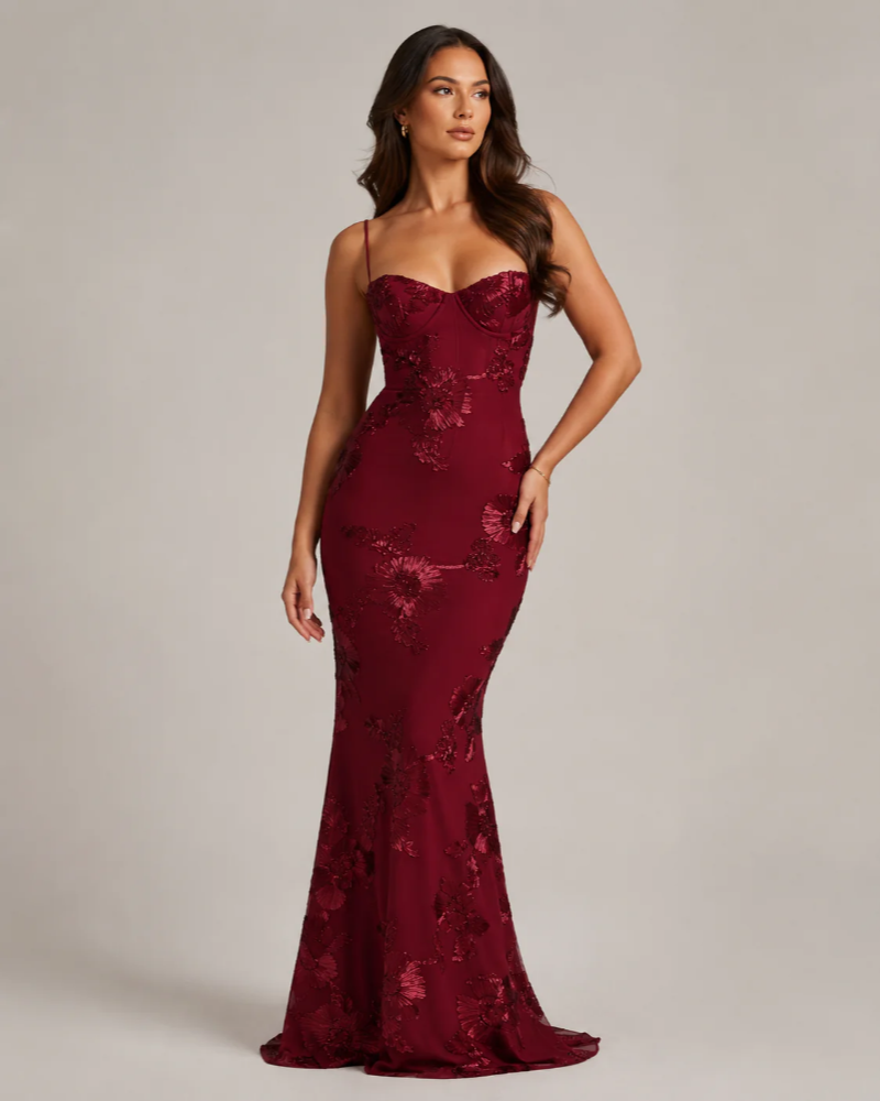 Roselyn Women's Glitter Maxi Dress – Floral Texture Lace-Up Open Back Gown