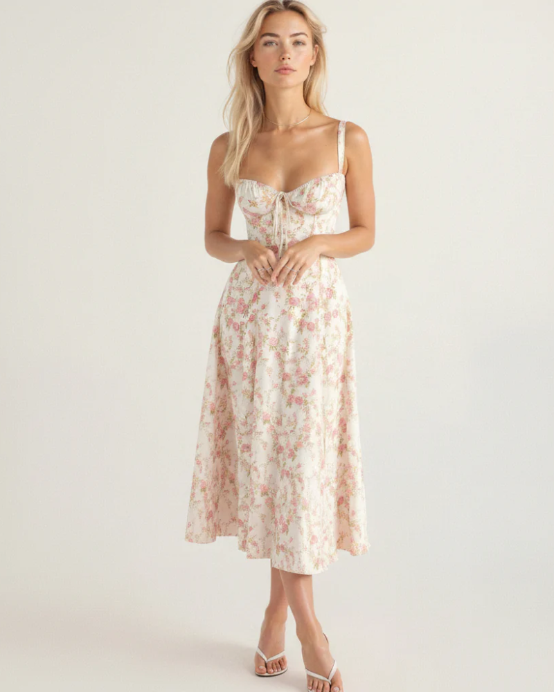 Margot Women's Floral Bustier Midi Dress – Sweetheart Neckline with Front Slit