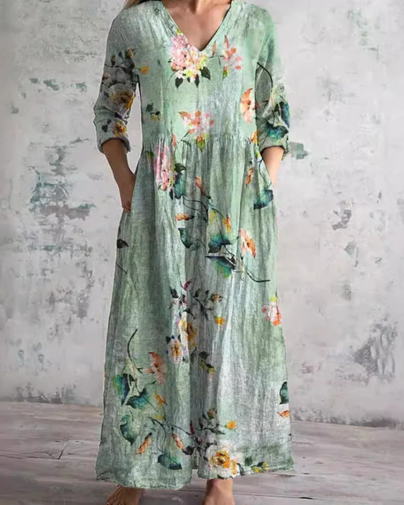 Willow Women's Floral Maxi Dress – V-Neck Flowy Summer Dress with Pockets