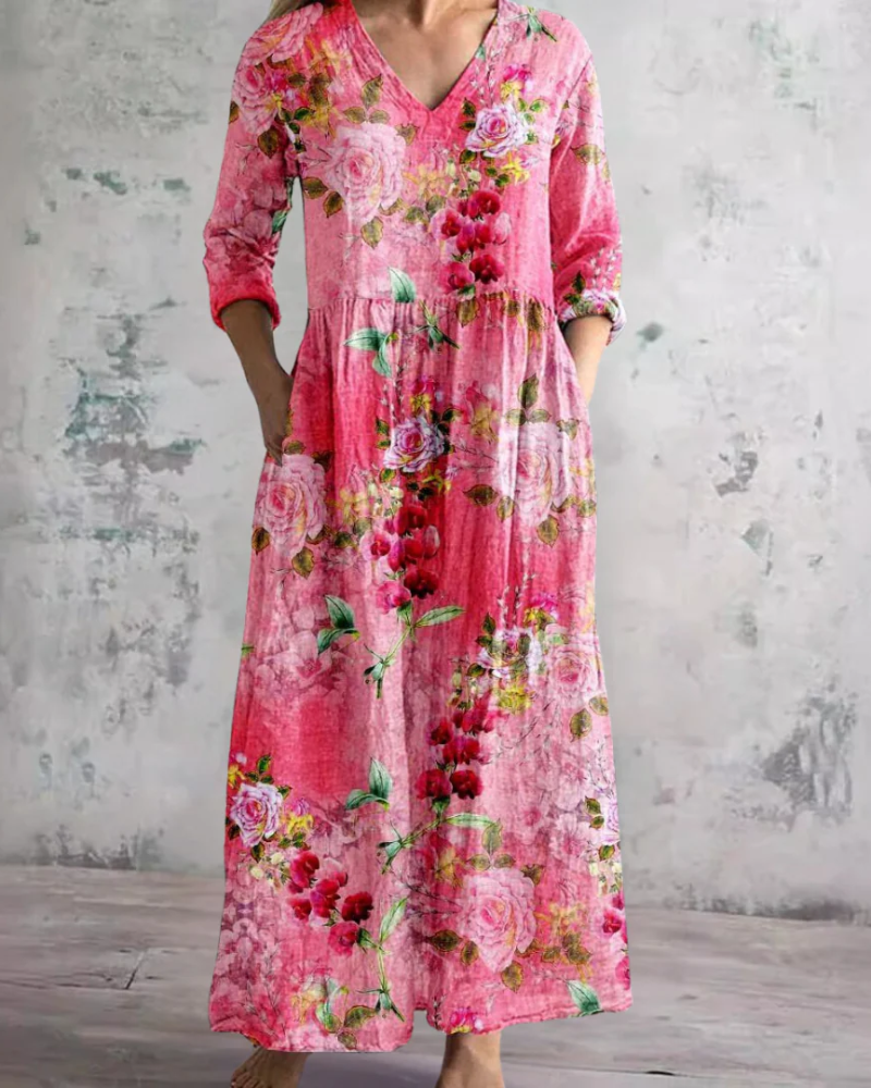 Willow Women's Floral Maxi Dress – V-Neck Flowy Summer Dress with Pockets