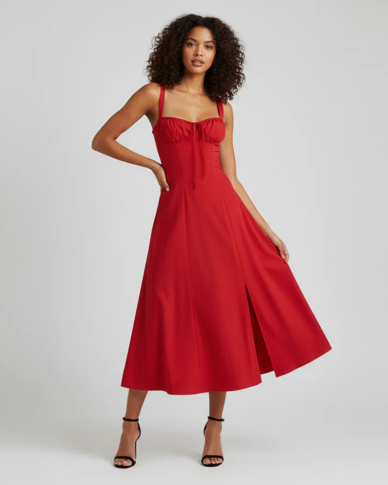 Margot Women's Floral Bustier Midi Dress – Sweetheart Neckline with Front Slit