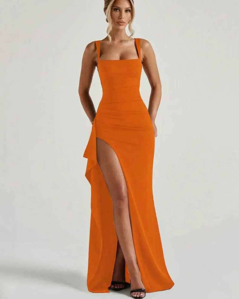 Alexandra Women's Maxi Dress – Square Neck, High Slit & Pleated Waist
