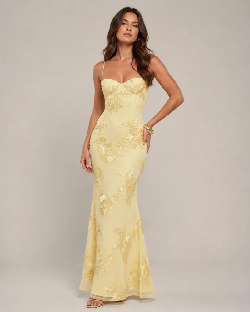 Roselyn Women's Glitter Maxi Dress – Floral Texture Lace-Up Open Back Gown