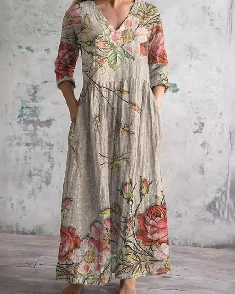 Willow Women's Floral Maxi Dress – V-Neck Flowy Summer Dress with Pockets