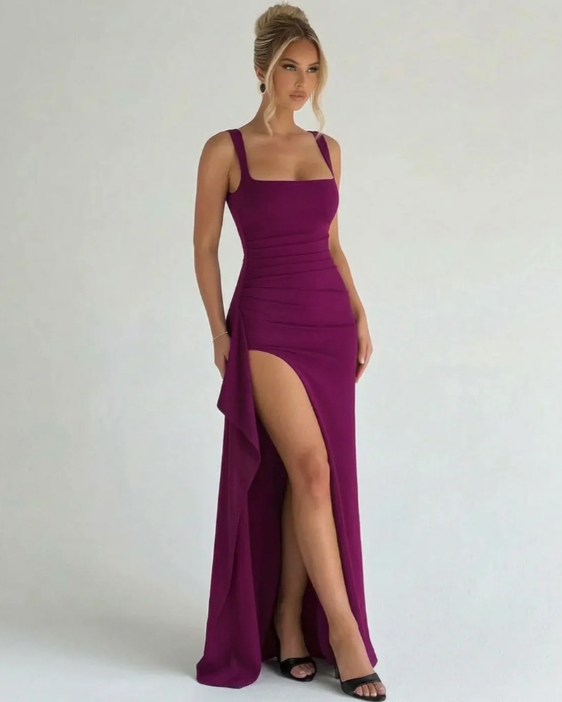 Alexandra Women's Maxi Dress – Square Neck, High Slit & Pleated Waist