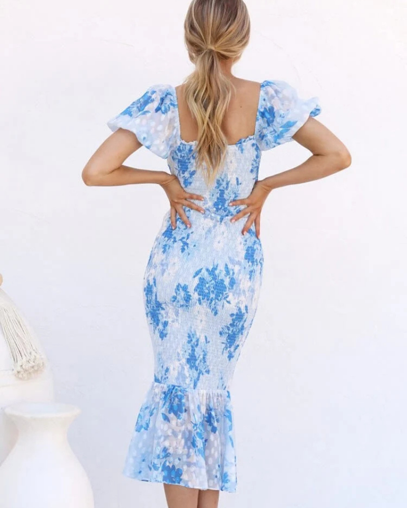 Brielle Women's Mermaid Midi Dress – Blue Fitted Open-Back Evening Dress