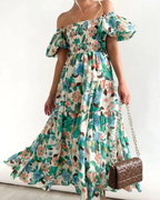 Megan Women's Floral Midi Dress – Smocked Bodice, Puff Sleeves & Tiered Skirt