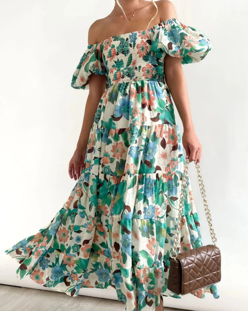 Megan Women's Floral Midi Dress – Smocked Bodice, Puff Sleeves & Tiered Skirt
