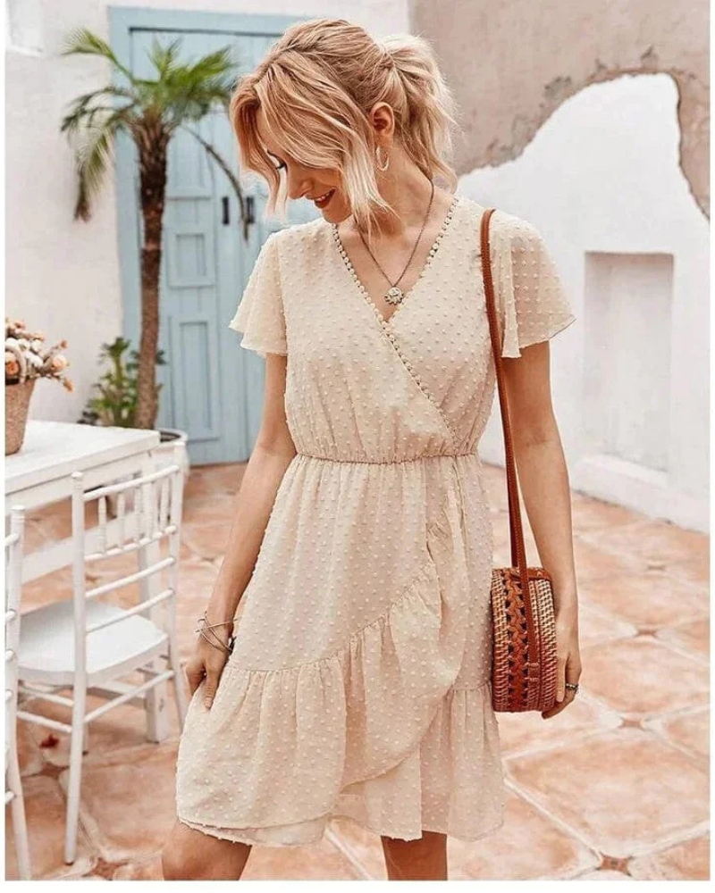 Maisie Women's Ibiza Mini Dress – Beige Relaxed Summer Beach Style