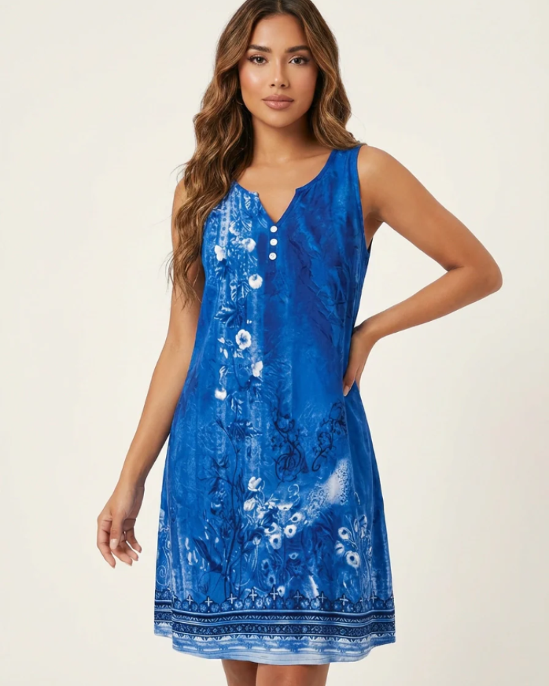 Bethany Women's Summer Dress – Sleeveless V-Neck with Artistic Print & Button Detail