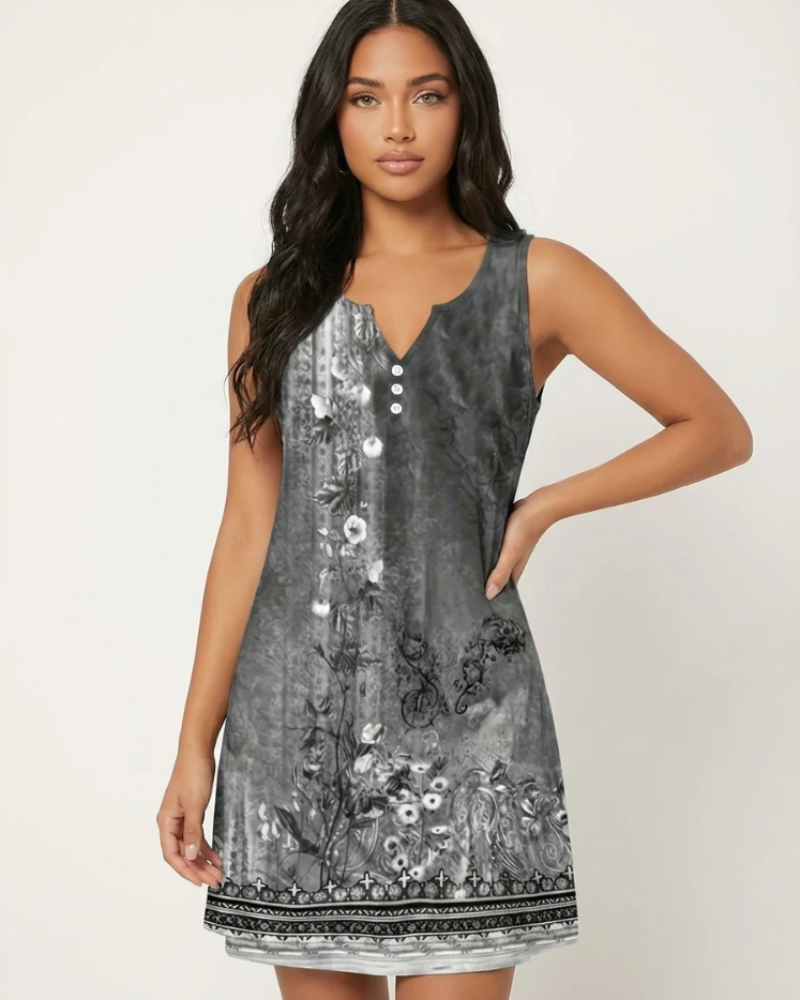 Bethany Women's Summer Dress – Sleeveless V-Neck with Artistic Print & Button Detail