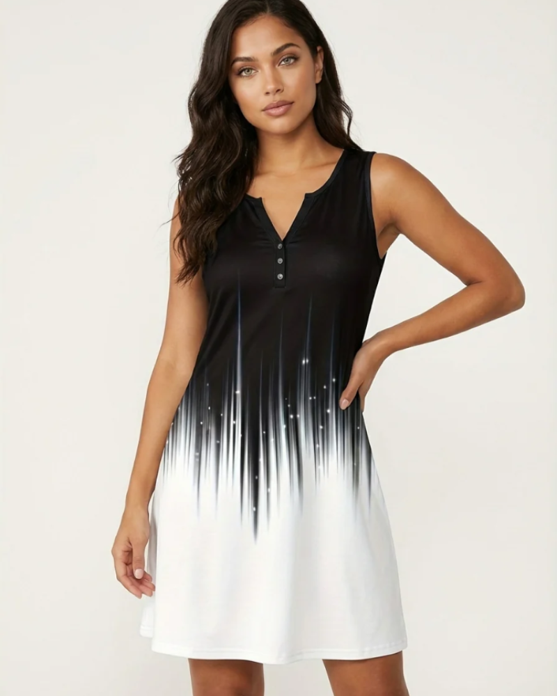 Bethany Women's Summer Dress – Sleeveless V-Neck with Artistic Print & Button Detail
