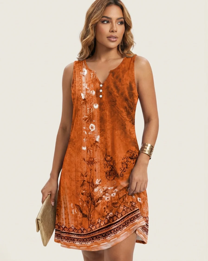 Bethany Women's Summer Dress – Sleeveless V-Neck with Artistic Print & Button Detail
